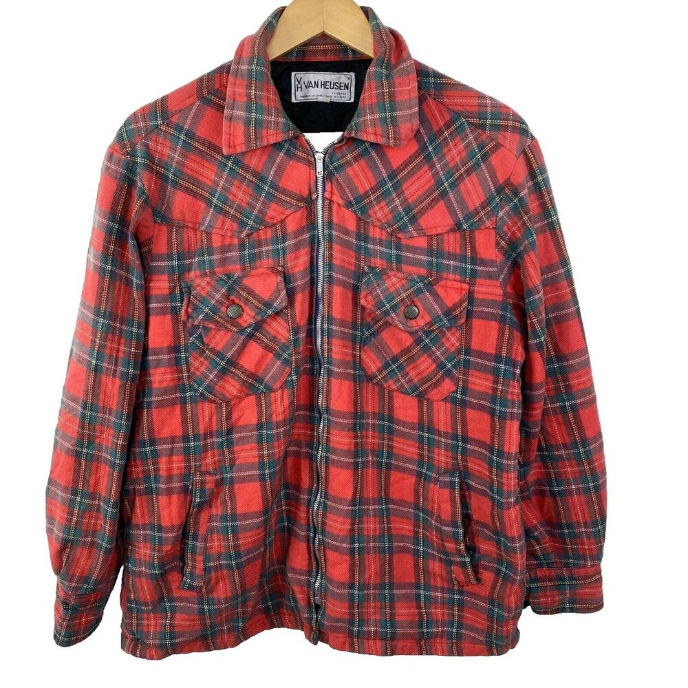 Vintage Plaid Shacket Jacket Mens Size Medium Red  Zip Lined Pockets Grunge